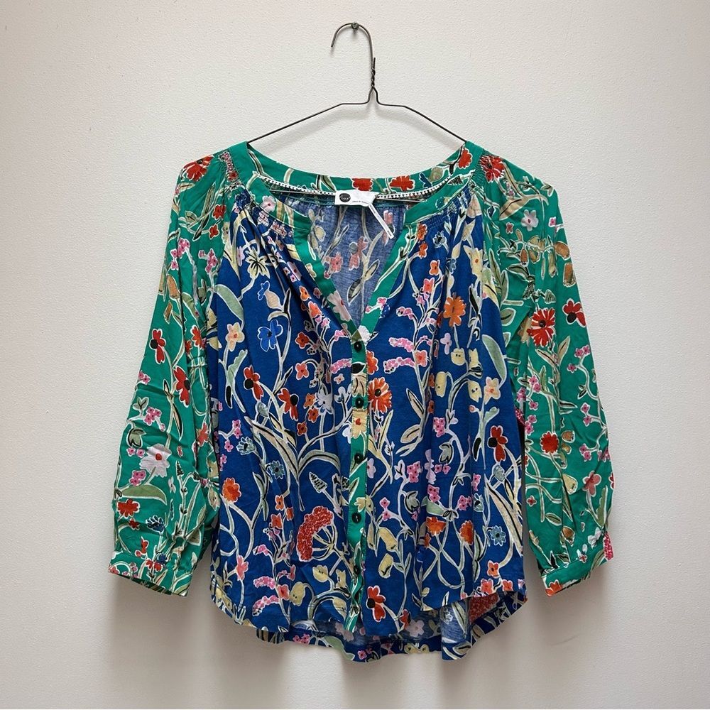 Anthropologie Floreat Floral Women's Multicolor Aqua Blue Red Button Blouse